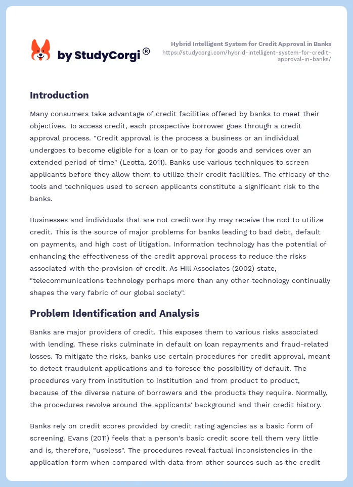 Hybrid Intelligent System for Credit Approval in Banks. Page 2
