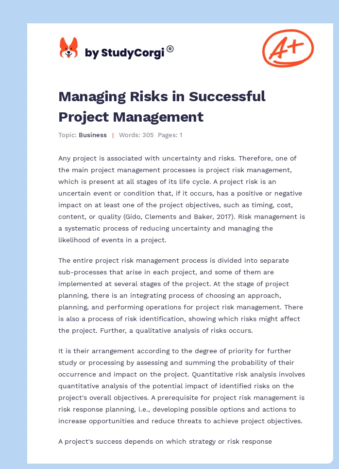 Managing Risks in Successful Project Management. Page 1