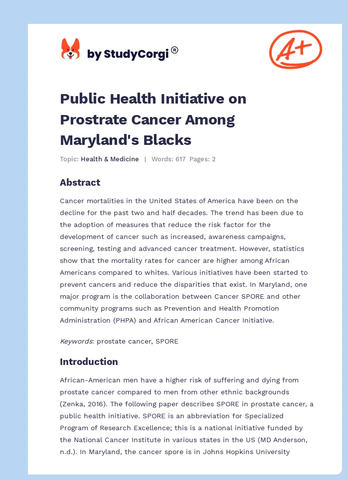 Public Health Initiative on Prostrate Cancer Among Maryland's Blacks. Page 1
