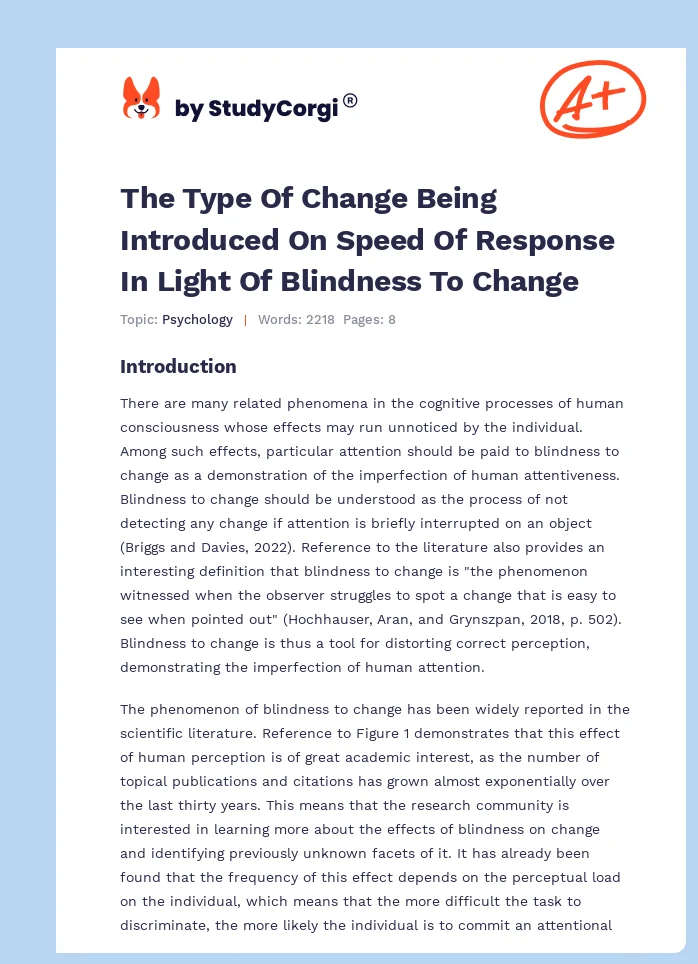 The Type Of Change Being Introduced On Speed Of Response In Light Of Blindness To Change. Page 1