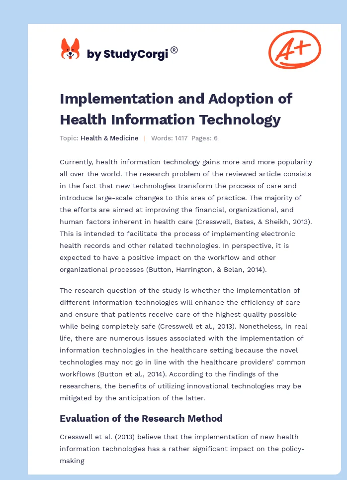 Implementation and Adoption of Health Information Technology. Page 1