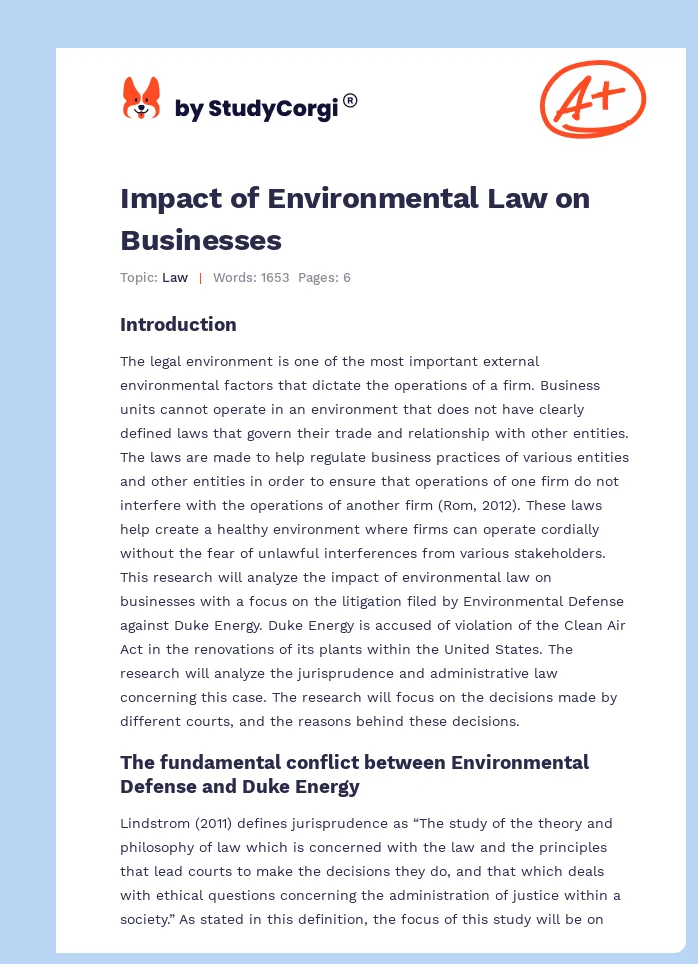 Impact of Environmental Law on Businesses. Page 1