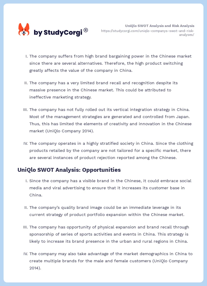 UniQlo SWOT Analysis and Risk Analysis. Page 2