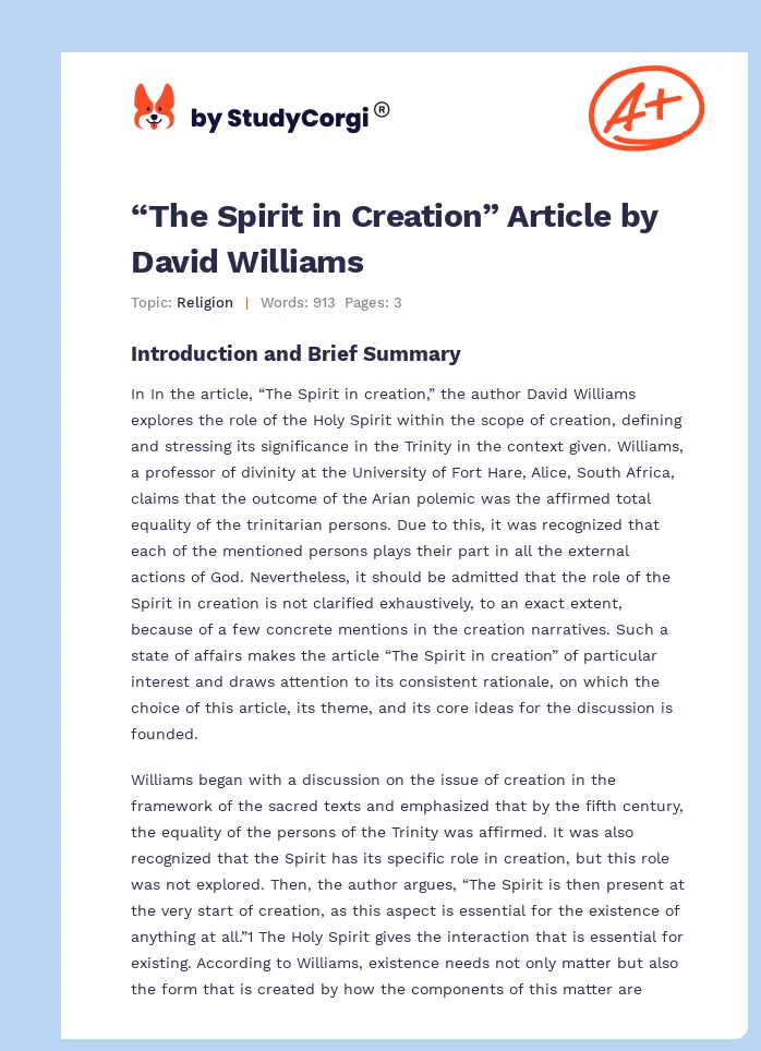 “The Spirit in Creation” Article by David Williams. Page 1