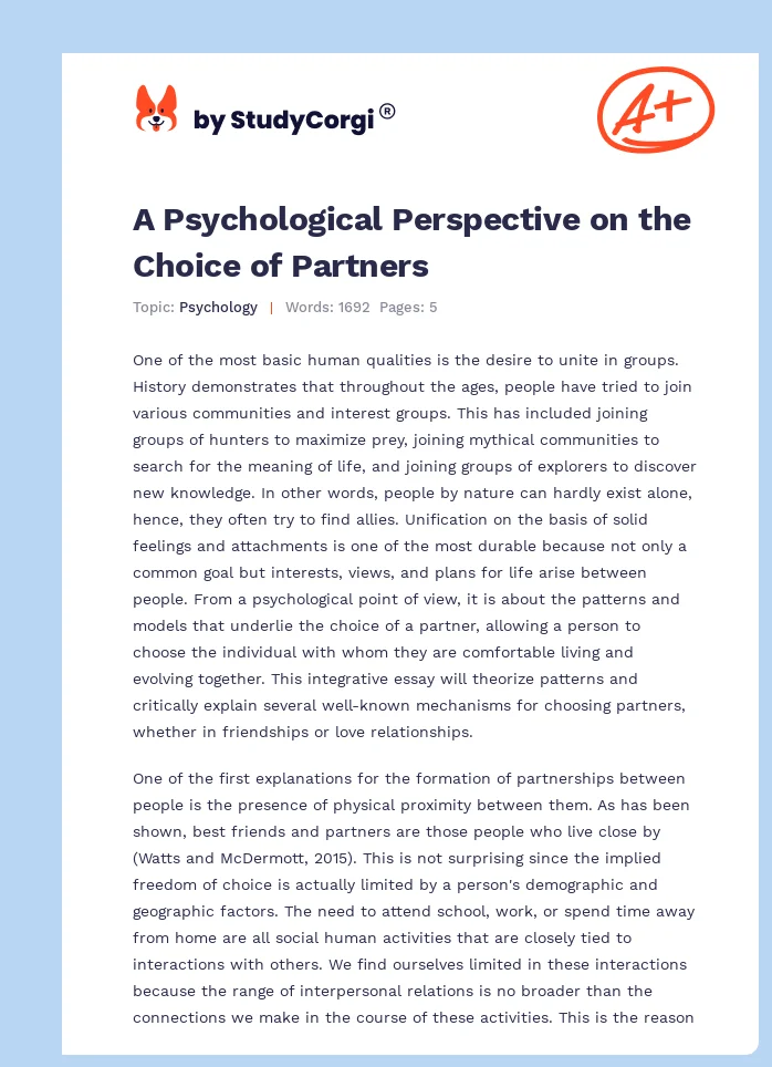 A Psychological Perspective on the Choice of Partners. Page 1