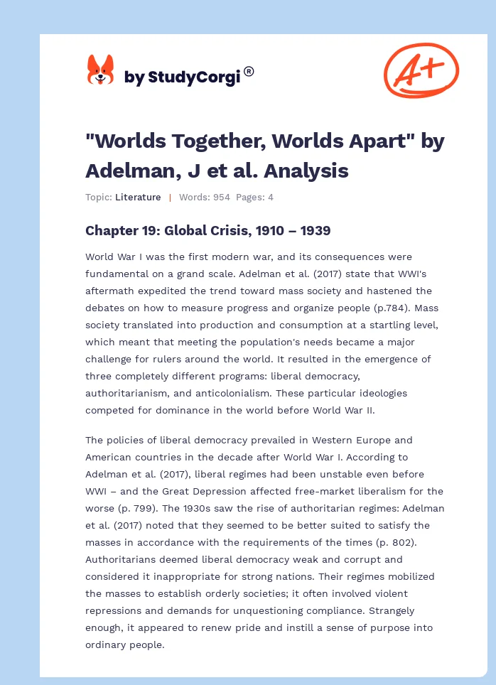 "Worlds Together, Worlds Apart" by Adelman, J et al. Analysis. Page 1