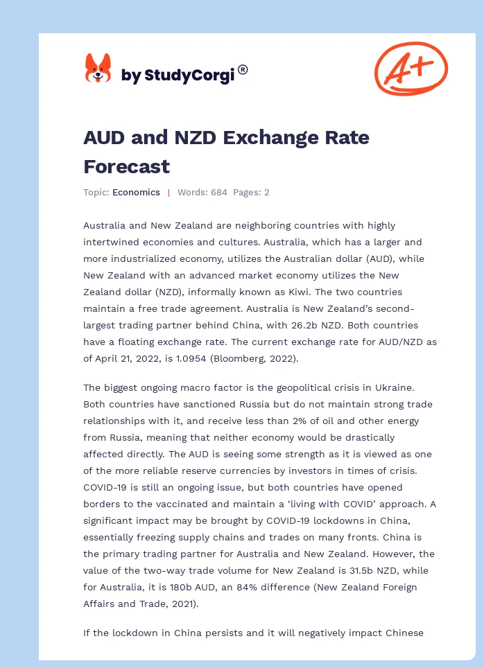 AUD and NZD Exchange Rate Forecast. Page 1