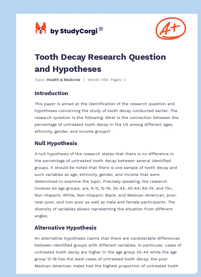 Tooth Decay Research Question and Hypotheses. Page 1