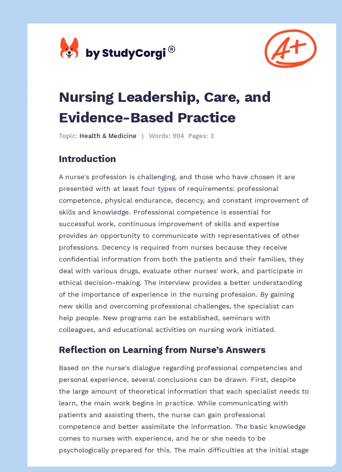 Nursing Leadership, Care, and Evidence-Based Practice. Page 1