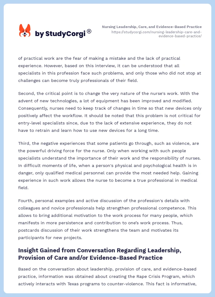 Nursing Leadership, Care, and Evidence-Based Practice. Page 2