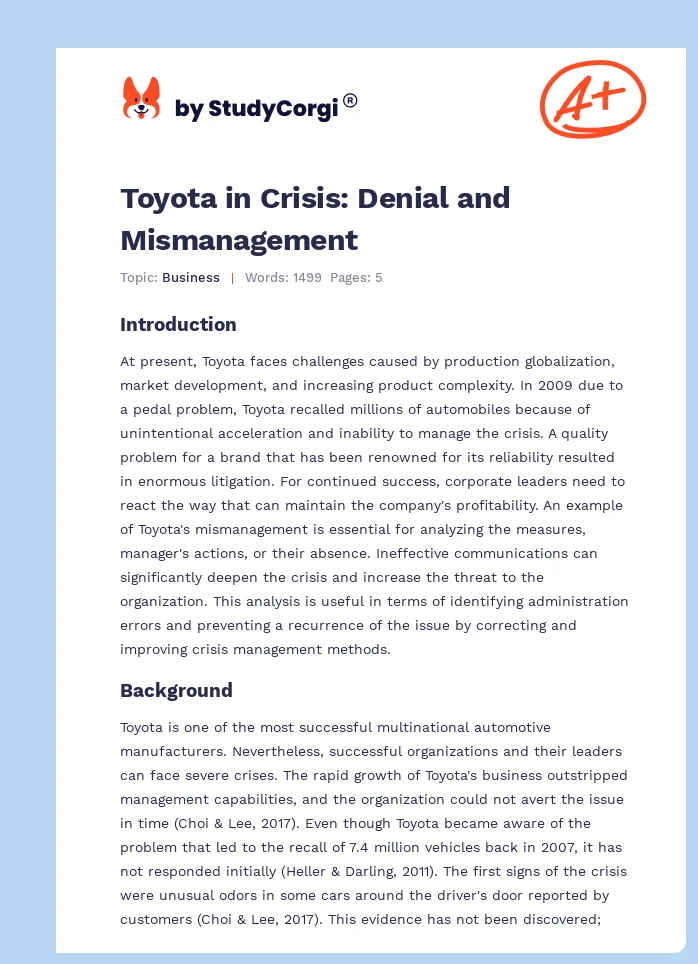 Toyota in Crisis: Denial and Mismanagement. Page 1