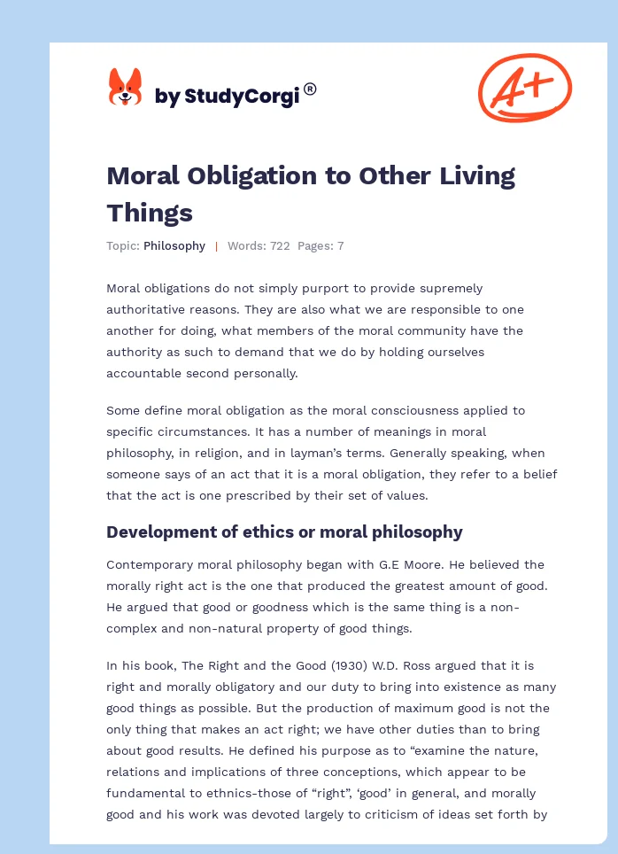Moral Obligation to Other Living Things. Page 1