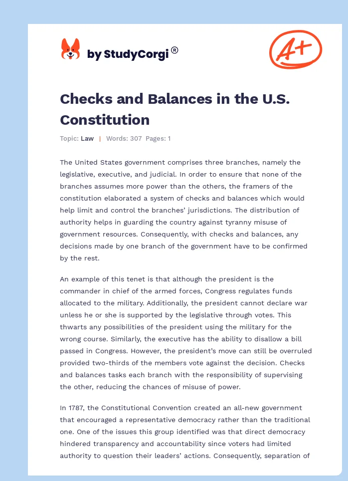 Checks and Balances in the U.S. Constitution. Page 1