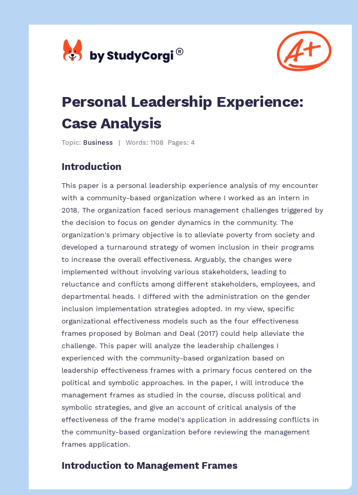Personal Leadership Experience: Case Analysis. Page 1