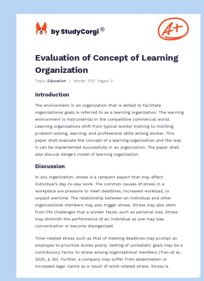Evaluation of Concept of Learning Organization. Page 1