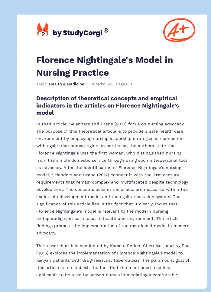 Florence Nightingale's Model in Nursing Practice. Page 1
