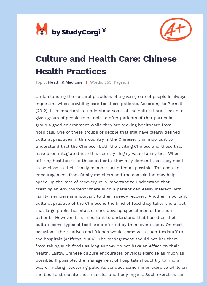 Culture and Health Care: Chinese Health Practices. Page 1
