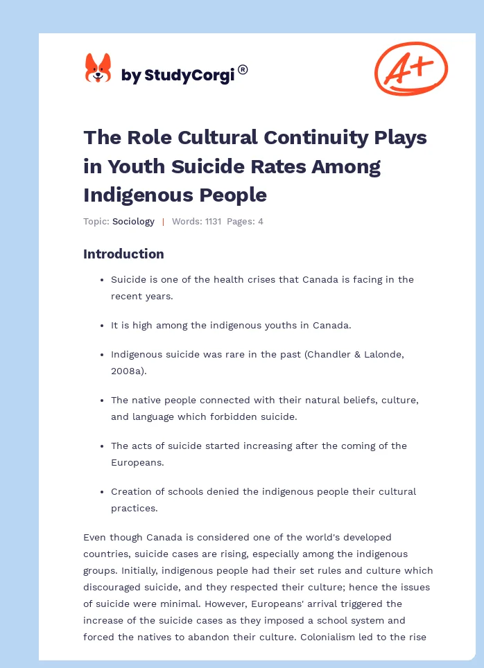 The Role Cultural Continuity Plays in Youth Suicide Rates Among Indigenous People. Page 1