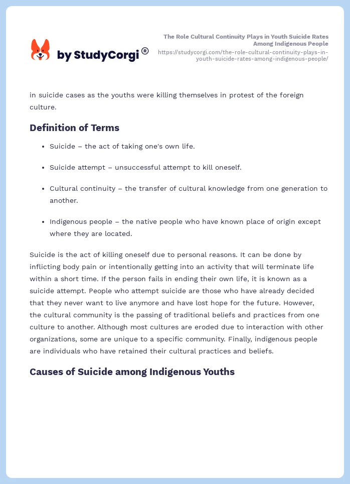 The Role Cultural Continuity Plays in Youth Suicide Rates Among Indigenous People. Page 2
