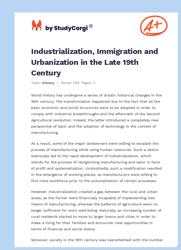 Industrialization, Immigration and Urbanization in the Late 19th Century. Page 1