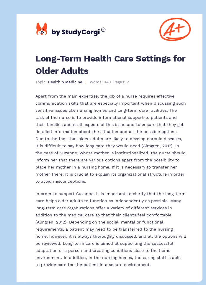 Long-Term Health Care Settings for Older Adults. Page 1