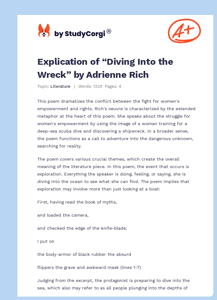 Explication of “Diving Into the Wreck” by Adrienne Rich. Page 1
