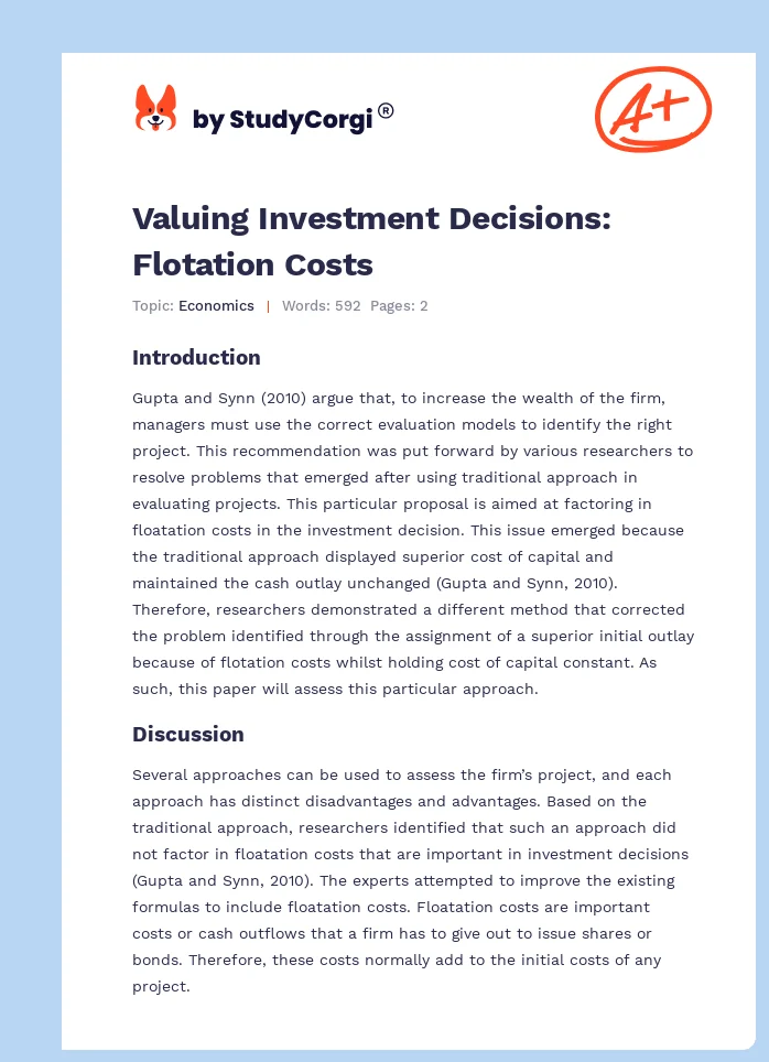 Valuing Investment Decisions: Flotation Costs. Page 1