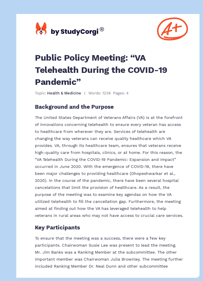 Public Policy Meeting: “VA Telehealth During the COVID-19 Pandemic”. Page 1