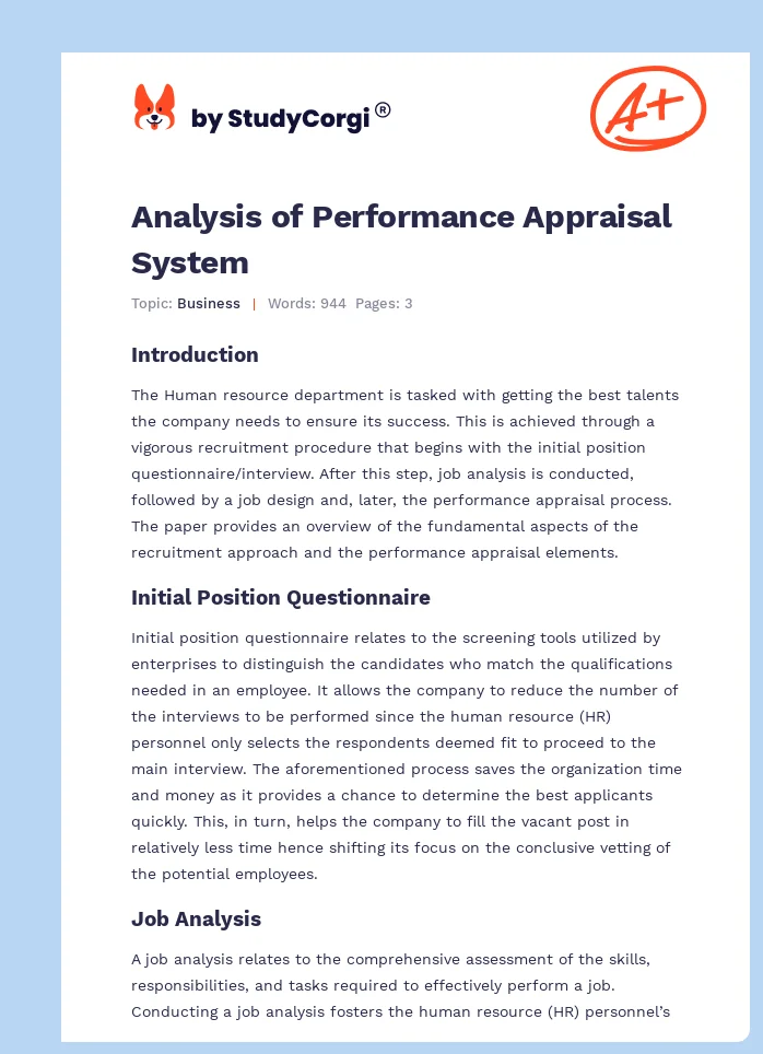 Analysis of Performance Appraisal System. Page 1
