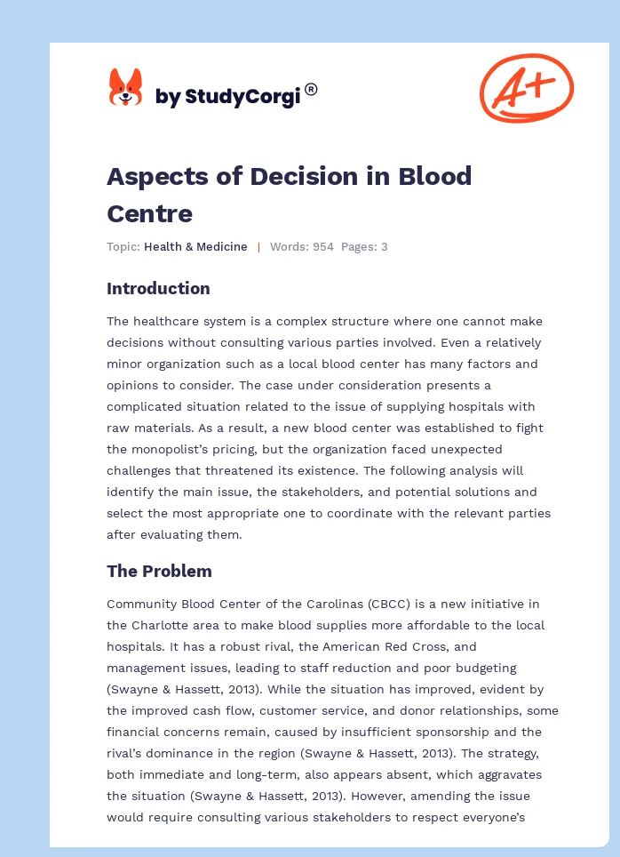 Aspects of Decision in Blood Centre. Page 1