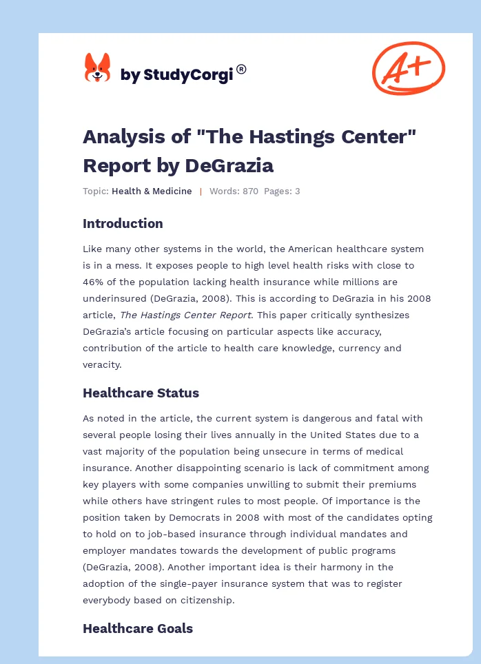 Analysis of "The Hastings Center" Report by DeGrazia. Page 1