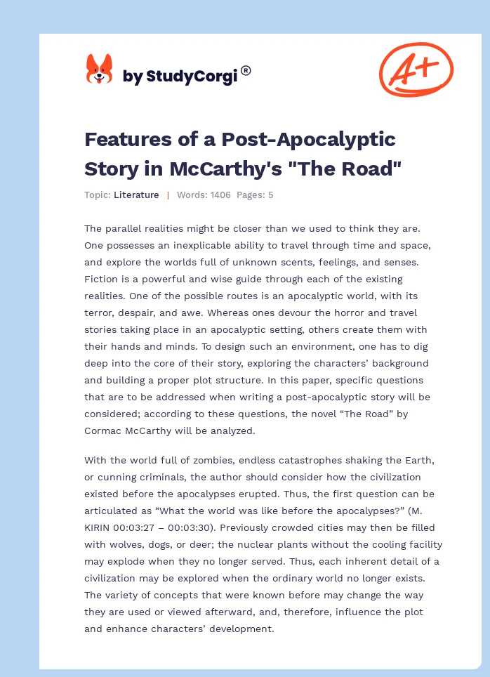 The Novel “The Road” by Cormac McCarthy. Page 1
