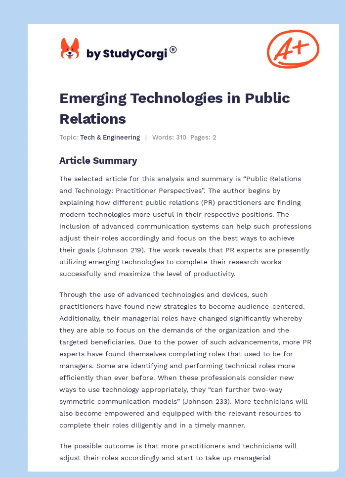 Emerging Technologies in Public Relations. Page 1