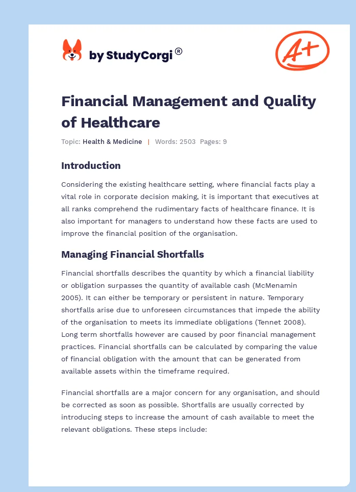 Financial Management and Quality of Healthcare. Page 1