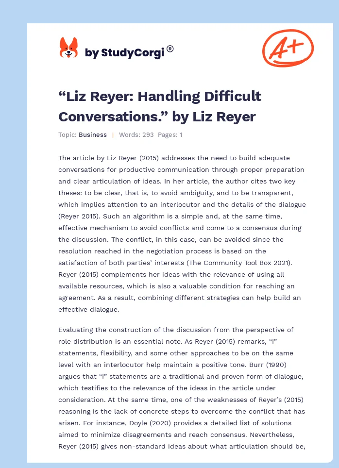 “Liz Reyer: Handling Difficult Conversations.” by Liz Reyer. Page 1