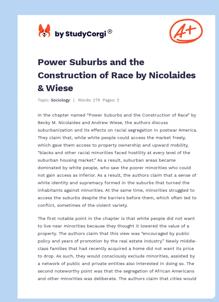 Power Suburbs and the Construction of Race by Nicolaides & Wiese. Page 1