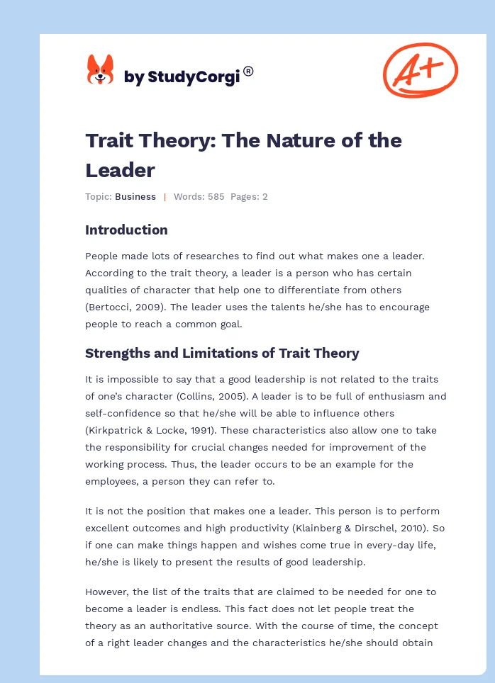 Trait Theory: The Nature of the Leader. Page 1