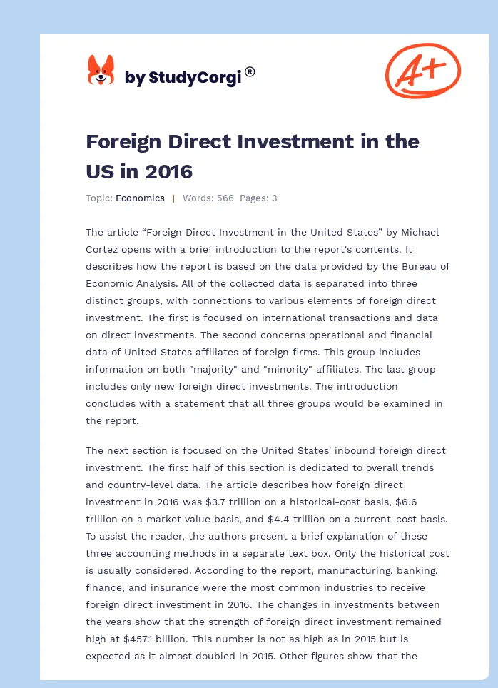 Foreign Direct Investment in the US in 2016. Page 1