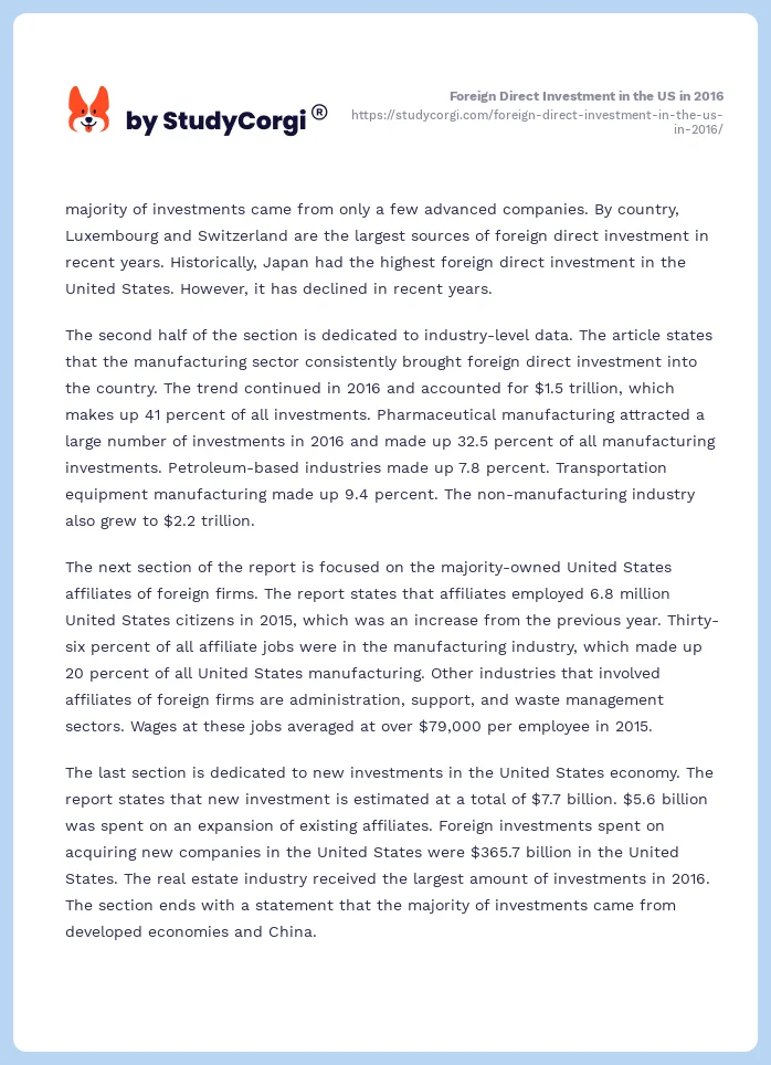 Foreign Direct Investment in the US in 2016. Page 2