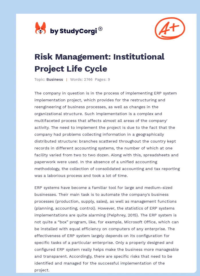 Risk Management: Institutional Project Life Cycle. Page 1