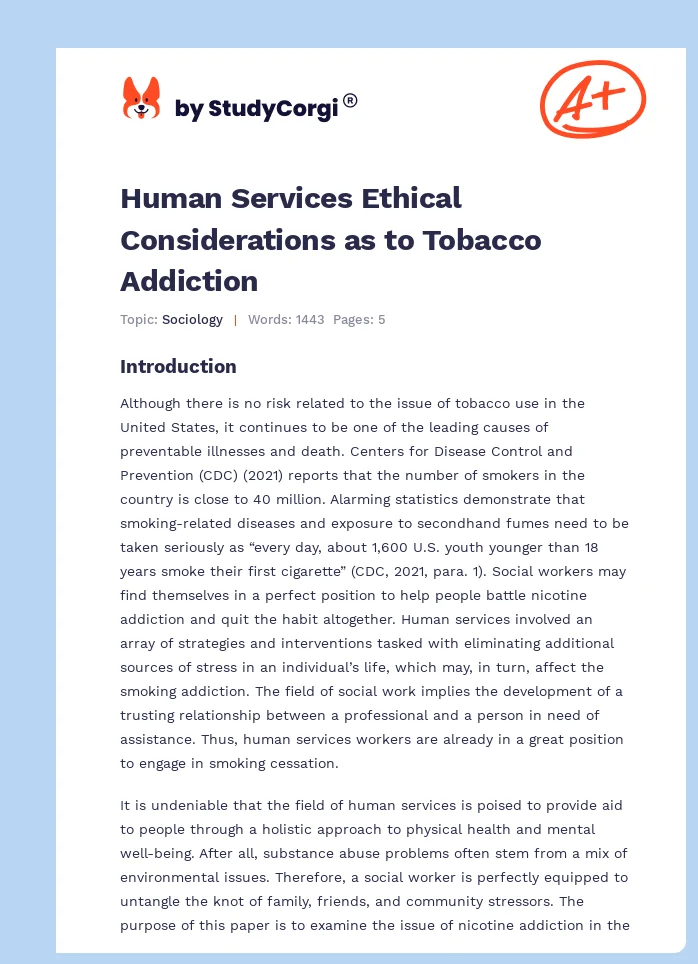 Human Services Ethical Considerations as to Tobacco Addiction. Page 1