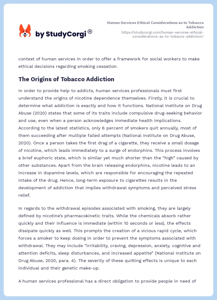 Human Services Ethical Considerations as to Tobacco Addiction. Page 2