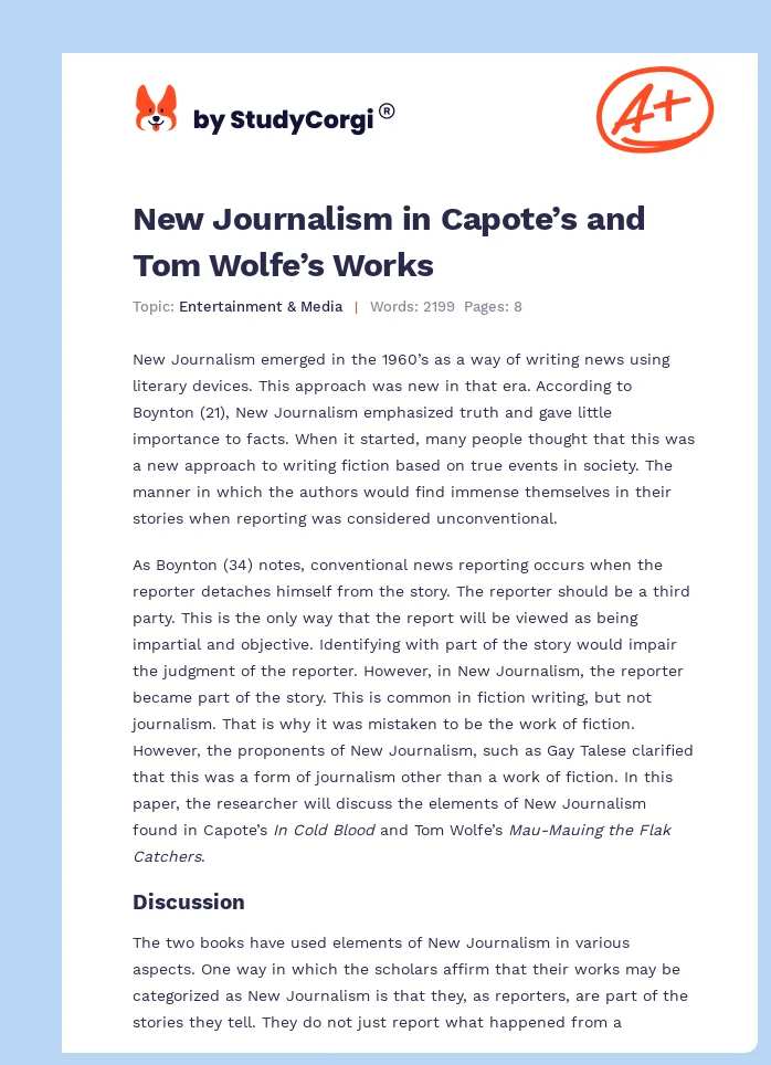 New Journalism in Capote’s and Tom Wolfe’s Works. Page 1