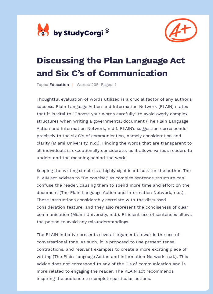 Discussing the Plan Language Act and Six C’s of Communication. Page 1