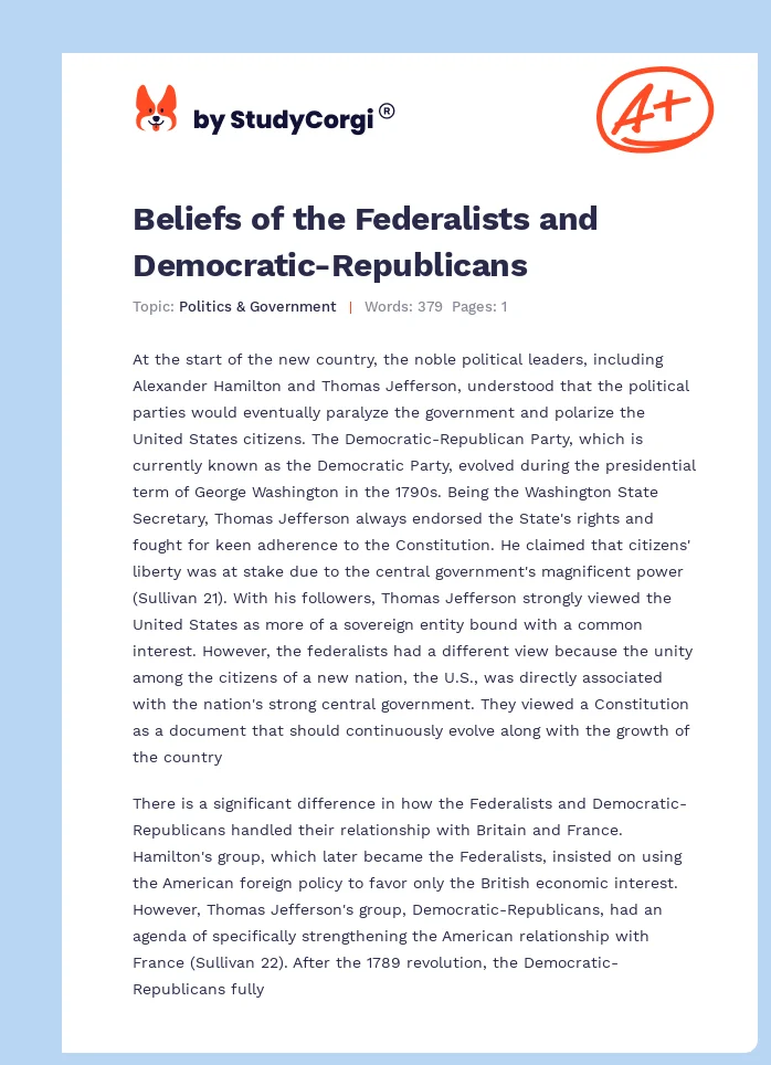 Beliefs of the Federalists and Democratic-Republicans. Page 1