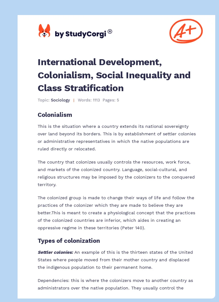 International Development, Colonialism, Social Inequality and Class Stratification. Page 1