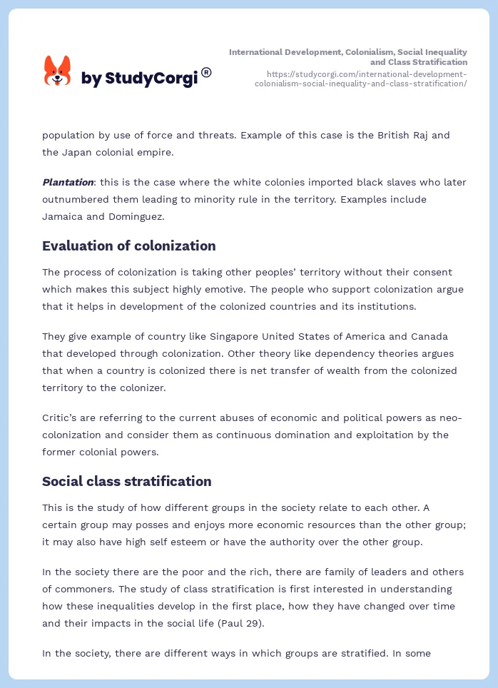 International Development, Colonialism, Social Inequality and Class Stratification. Page 2