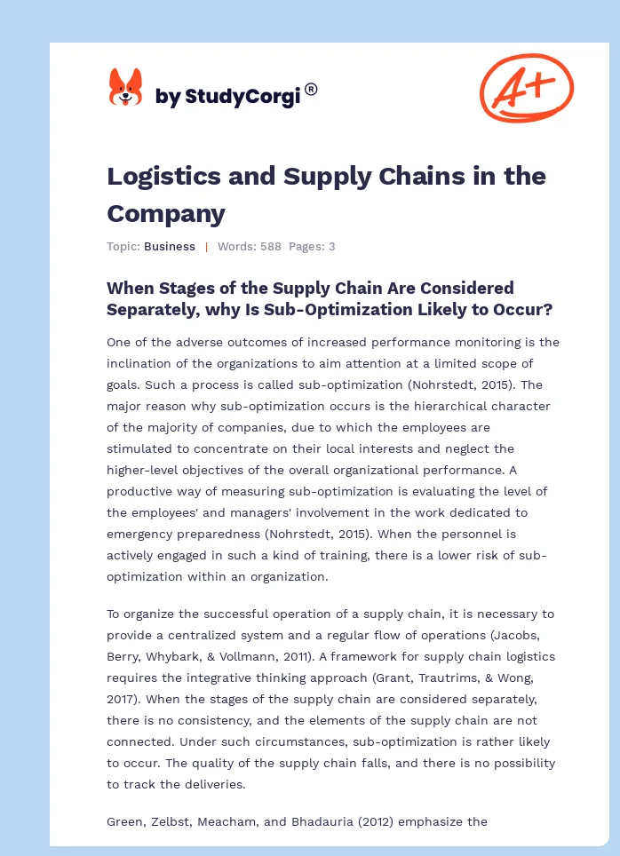 Logistics and Supply Chains in the Company. Page 1