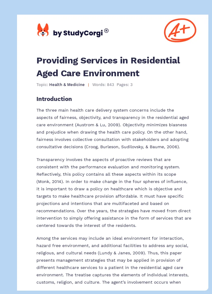 Providing Services in Residential Aged Care Environment. Page 1