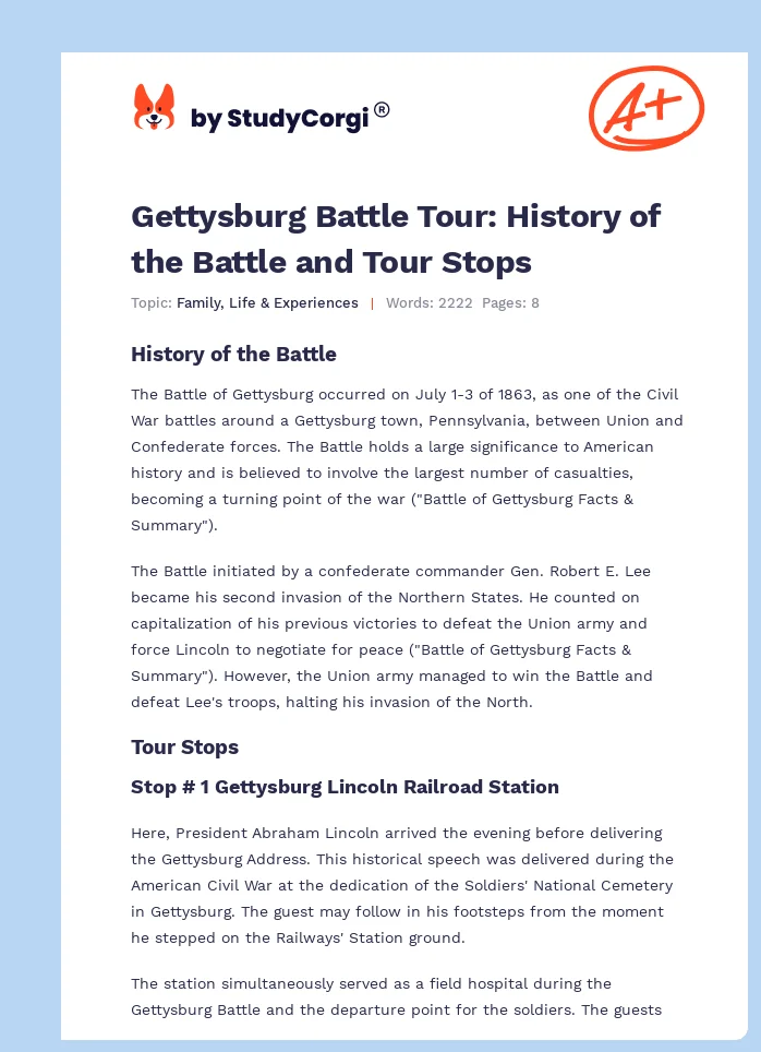 Gettysburg Battle Tour: History of the Battle and Tour Stops. Page 1